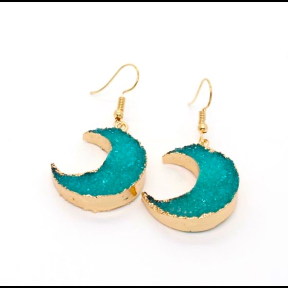 🦋Blazing🦋 Turquoise Moon Gold Druzy Dangle Earrings